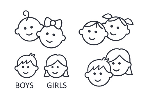 Vector girl and boy icons. Editable stroke. Set of line icons of children. Kids signs toilet changing room. A couple of kindergartners schoolchildren teenagers. Isolated elements on white background.