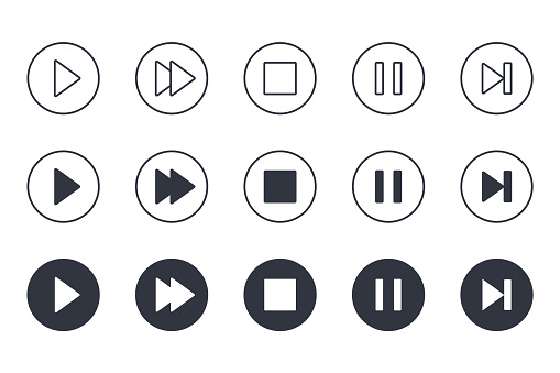 Vector button icons play stop pause. Editable stroke. Set of line silhouette icons video audio. Isolated elements on white background.