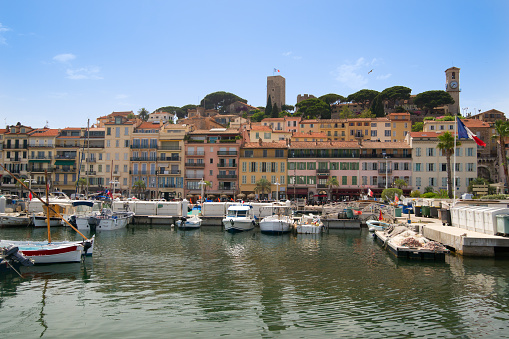 Cannes port and old city (suquet) on a sunny day on the French riviera