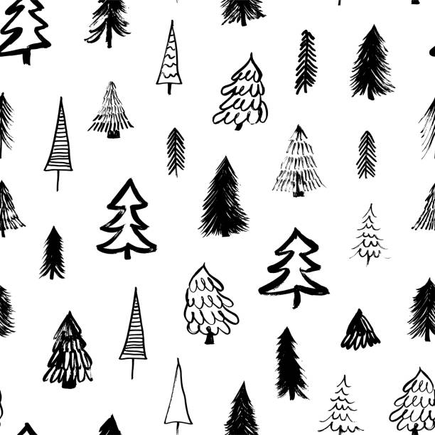 новогодние елки векторный бесшовный узор. - pine tree brush stroke winter snow stock illustrations