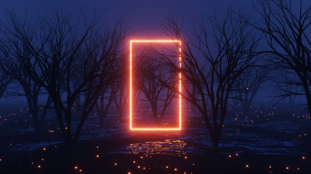 istock abstract mystical forest in the dark with fog and  glowing frame 1424032651