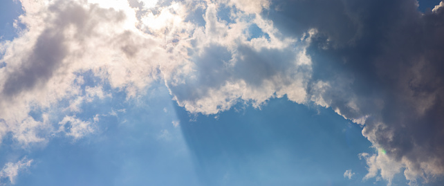 Sky panorama. Beautiful big clouds in the sky. Landscape of the power of heaven and nature. Copy space.