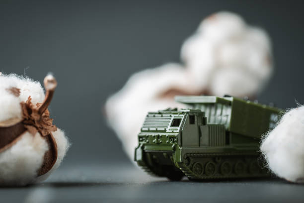 model toy of multiple launch rocket system or mlrs firing cotton flowers. trendy ukrainian banter about russian propaganda. peace and no war concept. macro shot. bavovna is cotton in ukrainian. - mlrs imagens e fotografias de stock