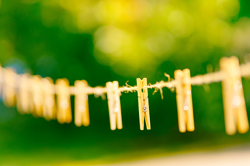 A row of wooden clothespins on a rope on a green background