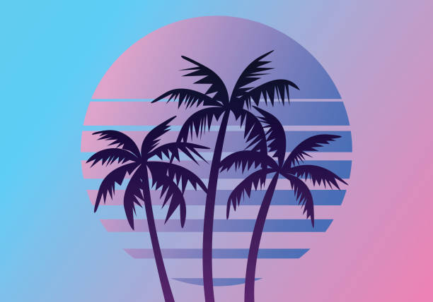 istock Retro futuristic palm trees in 80s style at sunset. Summer time, palm trees on the background of the sun, retro style. Design for advertising brochures and banners. Retro 90s, bright background 1424041667