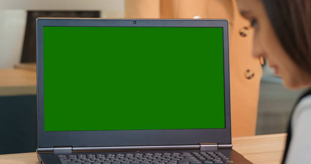 istock Close up green screen laptop and woman looking at screen taking notes in a notebook. 1424043502