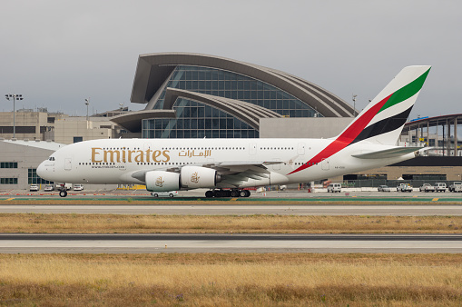 Los Angeles, California, United States: Emirates Airlines Airbus A380-861 with registration A6-EOG shown taxiing by the Tom Bradley terminal at LAX in preparation for take-off.