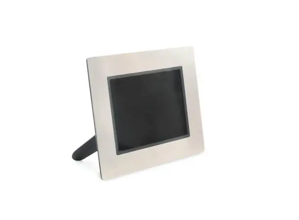 Perspective view of stainless steel photo frame for storing, displaying and sharing photos. Plain black screen. Template of mockup. White background