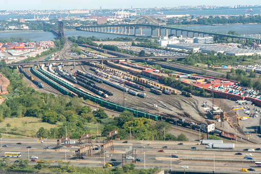 8/14/2022:   Port of Newark, New Jersey, USA:   Freight Trains and Shipping containers near the expressrail intermodal rail yard in Elizabeth< New Jersey