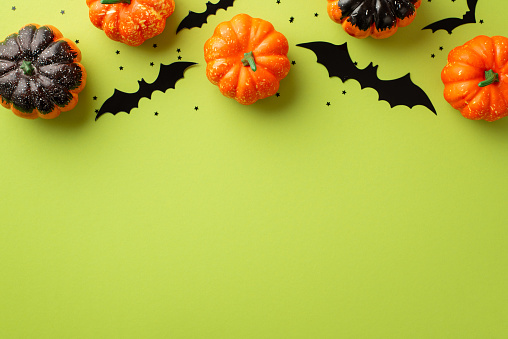 Halloween decorations concept. Top view photo of pumpkins bat silhouettes and black confetti on isolated light green background with copyspace