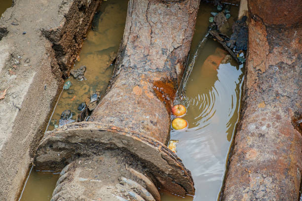 istock Old leaky pipes in the pit. Preparation for pipe replacement 1424052507