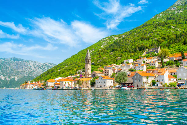 Beautiful summer landscape with the historic town of Perast, Montenegro stock photo