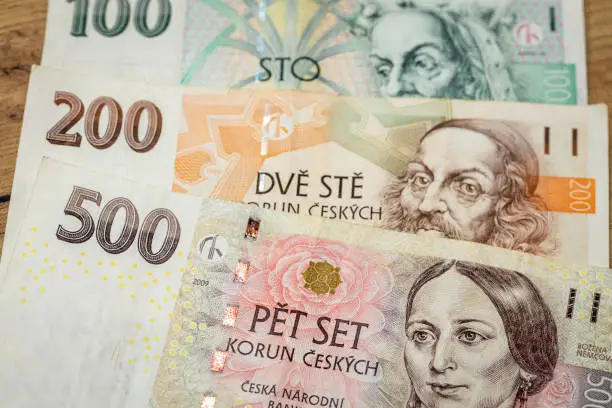 Czech money, 500, 200 and 100 Czech korun banknotes, Financial concept