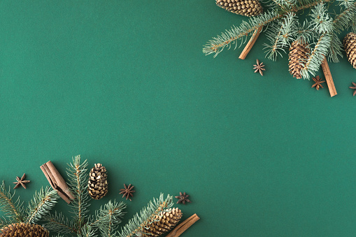 Diseño creativo hecho de ramas de árbol de Navidad sobre fondo de papel verde. Tendido plano. Vista superior. Concepto de Año Nuevo de la Naturaleza. photo
