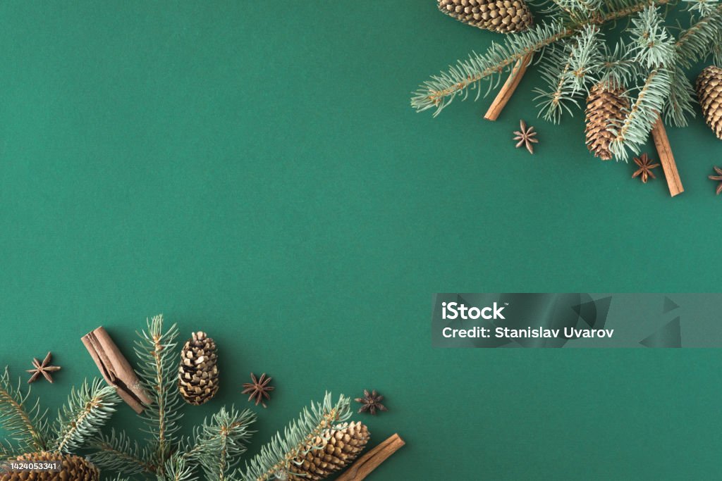 Creative layout made of Christmas tree branches on green paper background. Flat lay. Top view. Nature New Year concept. Holiday - Event Stock Photo