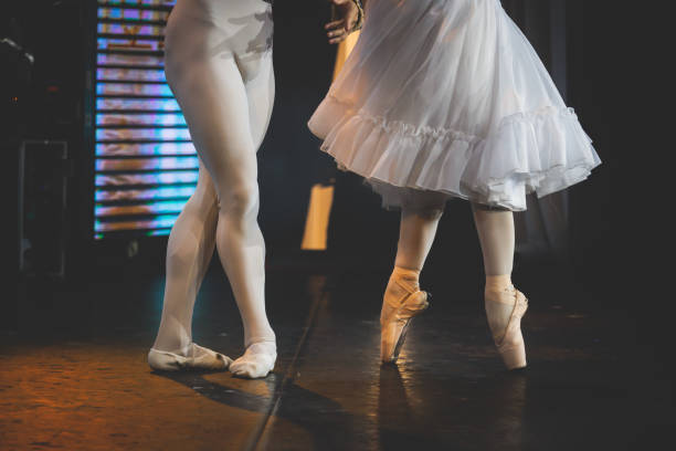 istock Ballet dancers couple during performance repetition, classic ballet rehearsal practicing in ballroom, view of legs in pointe shoes, ballerina and ballet dancer on a concert hall theatre stage 1424055572