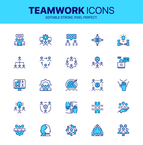 ilustraciones, imágenes clip art, dibujos animados e iconos de stock de colorido conjunto de iconos de trabajo en equipo. paquete de símbolos de empresario, grupo de trabajo y asociación. recursos humanos, reuniones y trabajo en equipo empresarial iconos coloridos - people in the background