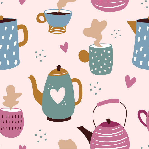 bezszwowy wzór kubków i czajników. różowe tło. hygge przytulny styl na sezon jesienny. - heart shape pink background cartoon vector stock illustrations