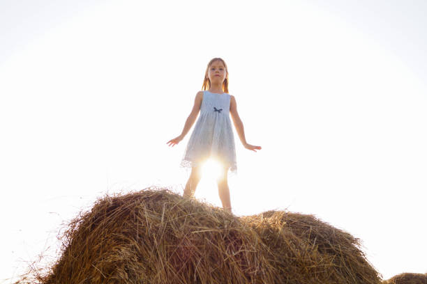 A little girl in a blue dress is standing on a haystack.