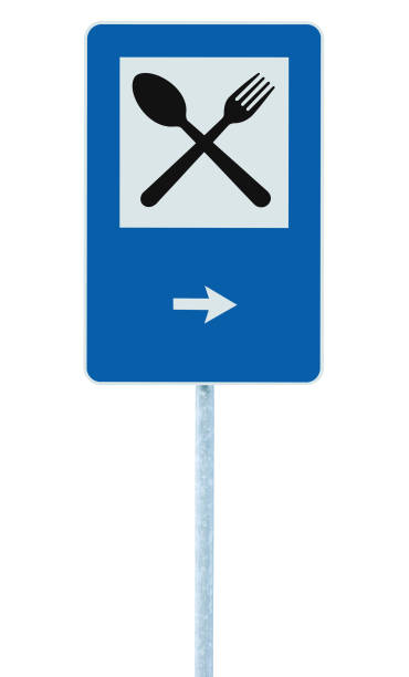 istock Restaurant road sign, grey pole post, roadside assistance signage, blue white isolated bistro dinner bar cafe cafeteria catering service, black fork, spoon icon, right side pointing traffic arrow, large detailed vertical closeup 1424064017