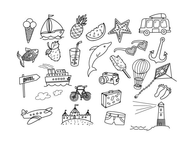 illustrazioni stock, clip art, cartoni animati e icone di tendenza di vacanze estive e viaggio doodles doodle set - passenger craft