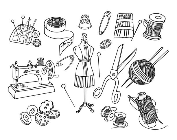 절단 및 바느질 낙서 낙서 세트 - cross stitch thread textile craft stock illustrations