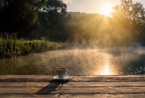 A cup of fragrant fresh coffee in nature. Soft focus photo of coffee in warm morning light