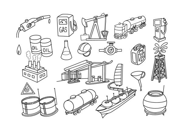 석유 산업 낙서 세트 - engine oil oil oil industry cartoon stock illustrations