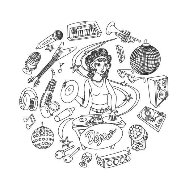illustrations, cliparts, dessins animés et icônes de disco doodle set - woman taking radio vintage