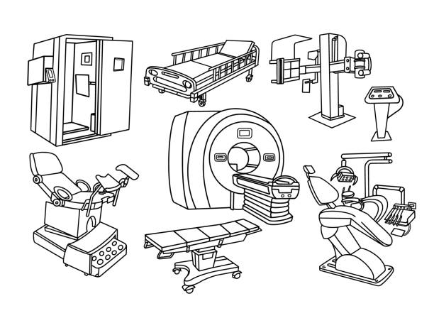 illustrazioni stock, clip art, cartoni animati e icone di tendenza di set di doodle per risonanza magnetica e apparecchiature mediche - pet
