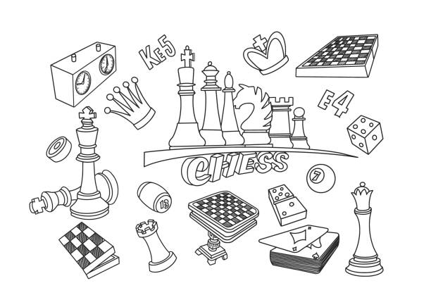 Chess Doodle Set Chess doodle set. Vector illustrator. board game piece stock illustrations