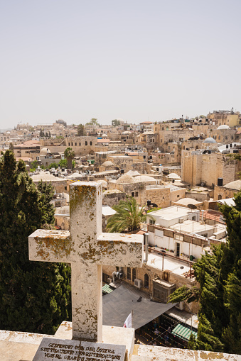 A cross overlooks the Old City of Jerusalem in Jerusalem, Jerusalem District, Israel