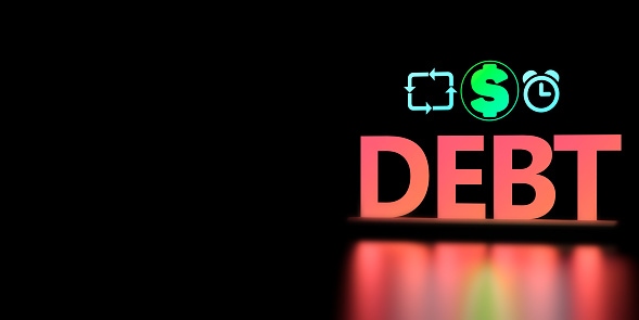 The word DEBT with clock,arrows and dollar sign.DEBT concept with copy space.Credit,debt,refinancing.3d render.