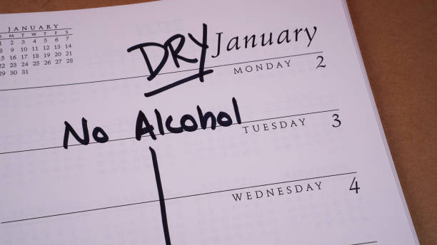 Dry January Calendar Reminder Calendar marked to indicate that January is Dry January - a month to stay sober and alcohol-free dry stock pictures, royalty-free photos & images