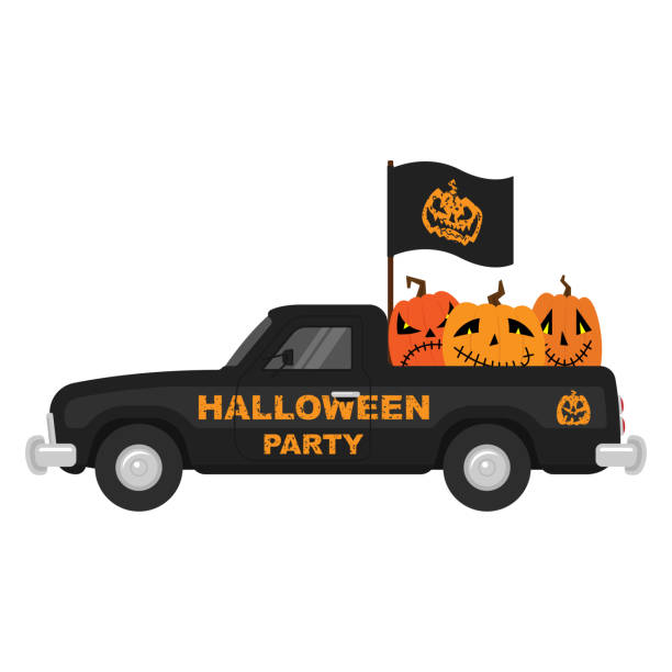 istock Black halloween pickup truck icon. Color silhouette. Side view. Vector simple flat graphic illustration. Isolated object on a white background. Isolate. 1424080858