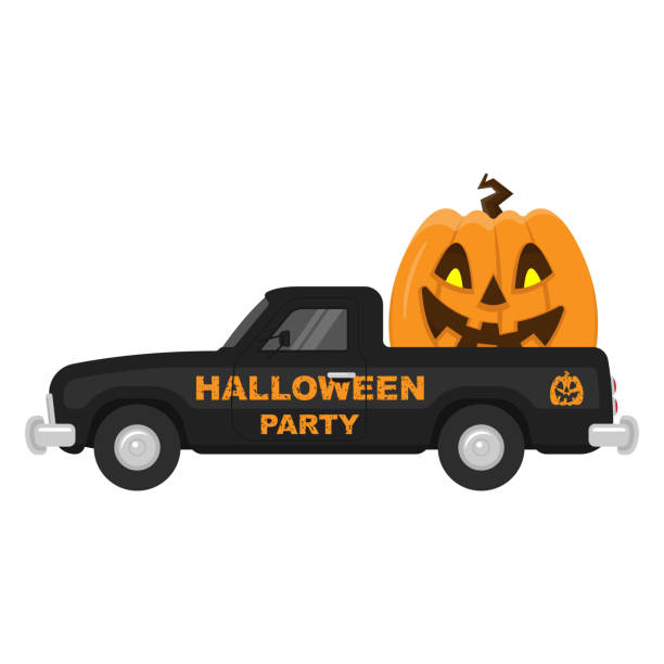 istock Black halloween pickup truck icon. Color silhouette. Side view. Vector simple flat graphic illustration. Isolated object on a white background. Isolate. 1424080861