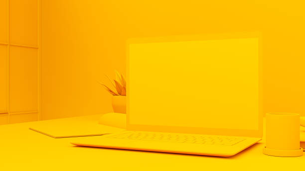 istock Yellow laptop Mock-Up empty display is placed on the desk. 1424086473