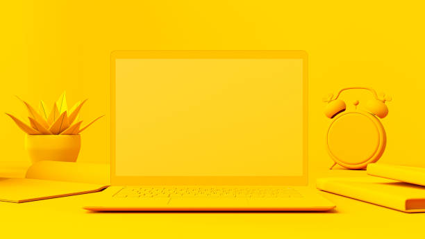 istock Yellow laptop Mock-Up empty display is placed on the desk. 1424087071