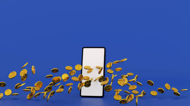 istock Gold coin overflow from smartphone display, online business concept, 3D rendering. 1424087517