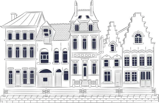 Vector illustration of Vector. Old medieval houses in the historical part of Bruges.