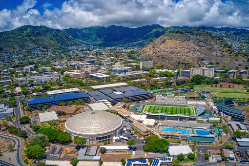 Aerial View of a large Public University in Honolulu, Hawaii