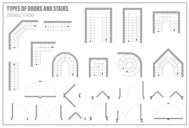 dveře, schodiště pro půdorys shora. architektonický prvek nastavený pro schéma bytů. sada ikon pro interiérový projekt. stavební symbol, prvek grafického designu, plán. vektorová ilustrace - půdorys stock ilustrace