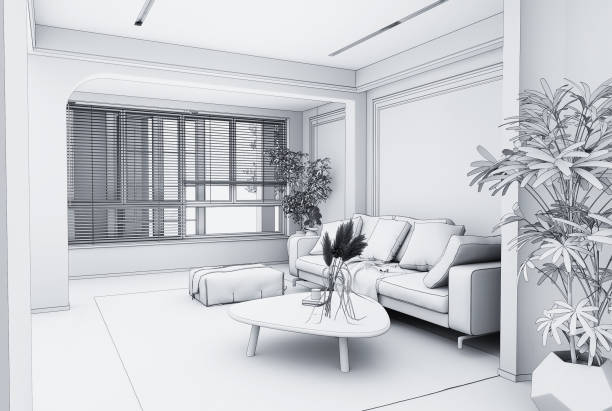 istock Interior modern living room wall mockup with outline style. 1424099659