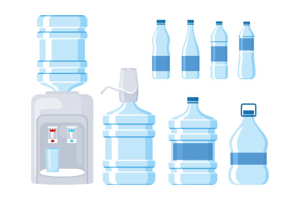 ilustraciones, imágenes clip art, dibujos animados e iconos de stock de ilustración de botella de agua ambientada en estilo de diseño plano - bottle plastic label green