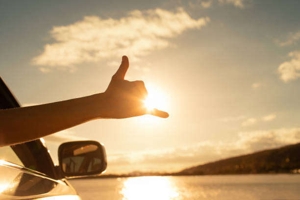 istock Shaka hand sign at sunset. 1424123498