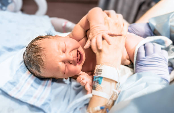 Parto. Bebê recém-nascido no hospital sendo carregado por sua mãe. - foto de acervo