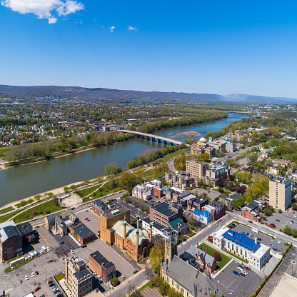 Downtown Wilkes-Barre, Pennsylvania, panoramic view of North Street Bridge over the Susquehanna River.