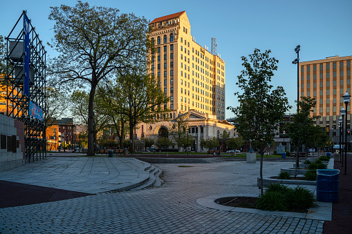 Historic Luzerne Bank Building on Public Square - the first skyscraper in Wilkes-Barre, Pennsylvania, in spring.