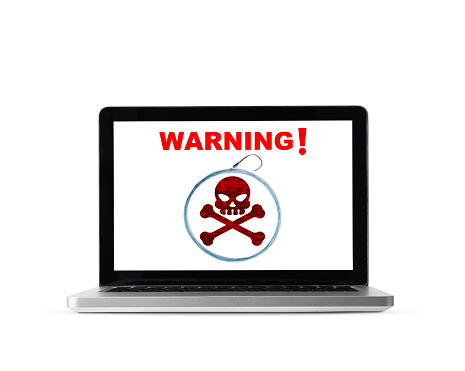Fishing hook and warning sign on the laptop screen on white background. 
Scam and phishing concepts.