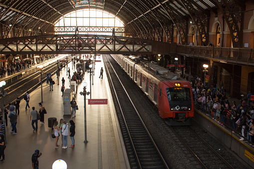 Sao Paulo, SP, Brazil - July 16, 2022: Beautiful Luz station waiting for the trains to arrive in the late afternoon to take passengers back to their homes.